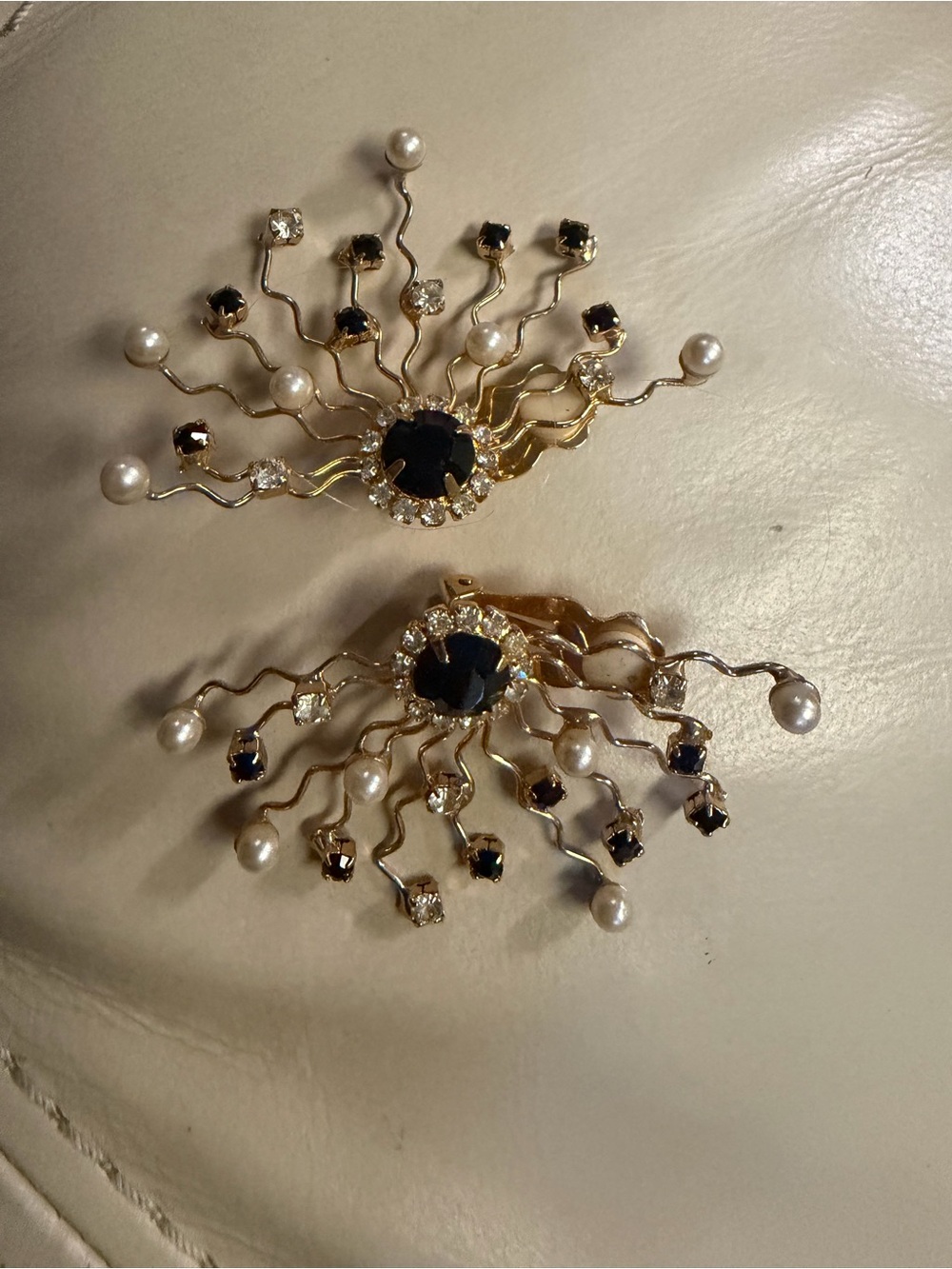 Gold-Tone Black Crystal & Pearl Burst Clip-On Earrings